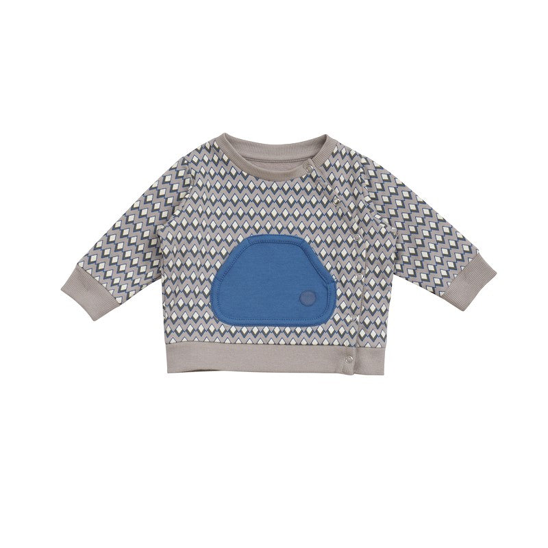 Sød sweatshirt til baby i print med stor blå lomme på maven